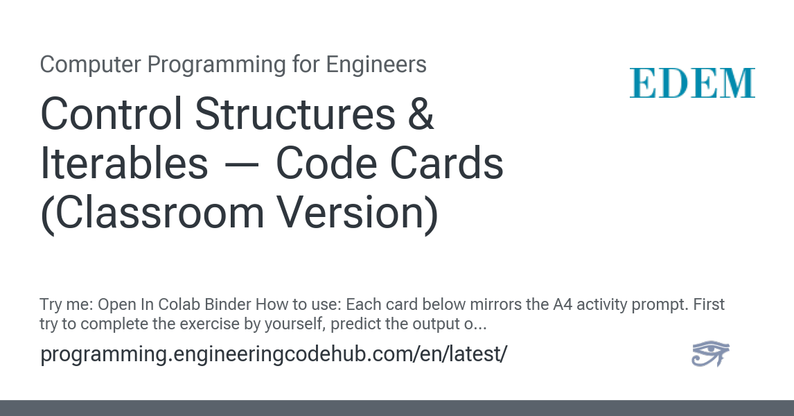 Control Structures & Iterables — Code Cards (Classroom Version ...